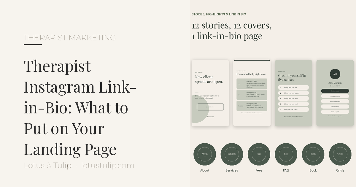 Therapist Instagram link-in-bio guide: calm practice stories and highlight mockup for a therapy landing page