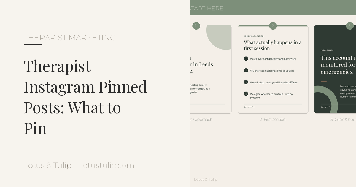 Therapist Instagram pinned posts: three Calm Practice sage posts labelled Meet, First session and Crisis on a cream background, a start-here shelf for a private practice profile