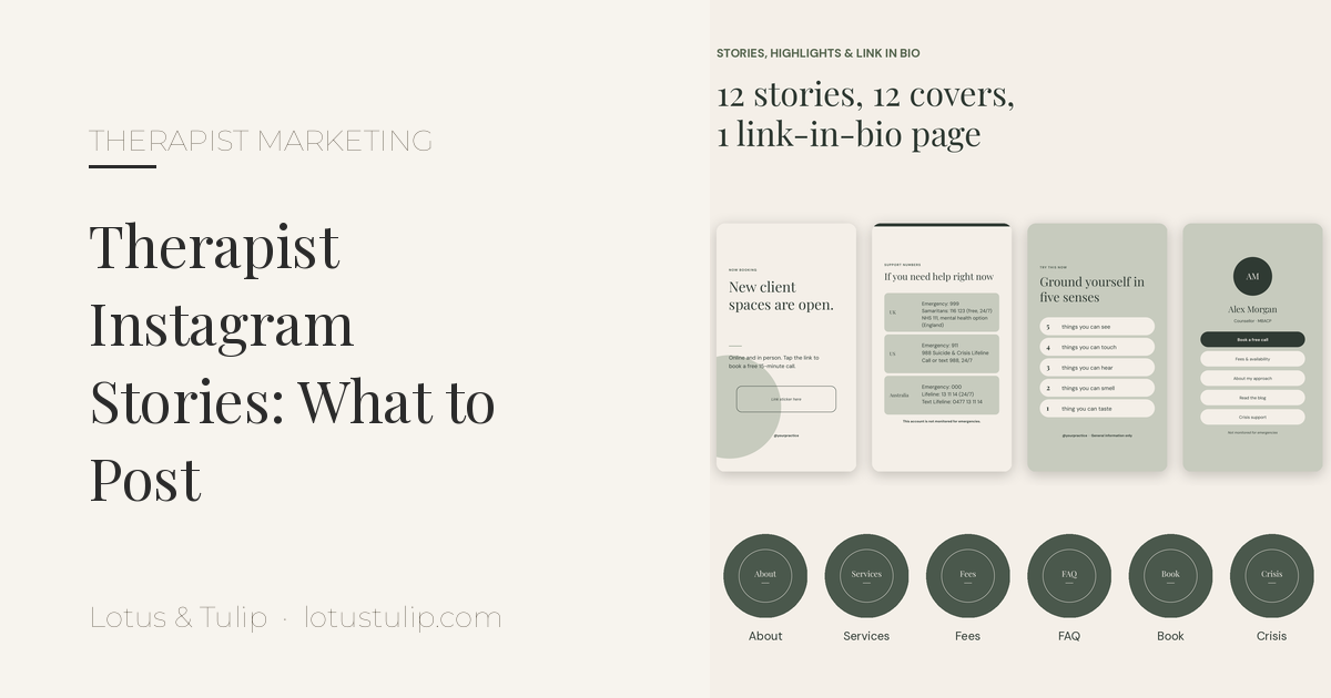 Therapist Instagram Stories guide: calm practice stories and highlight mockup with ethical story ideas for therapists
