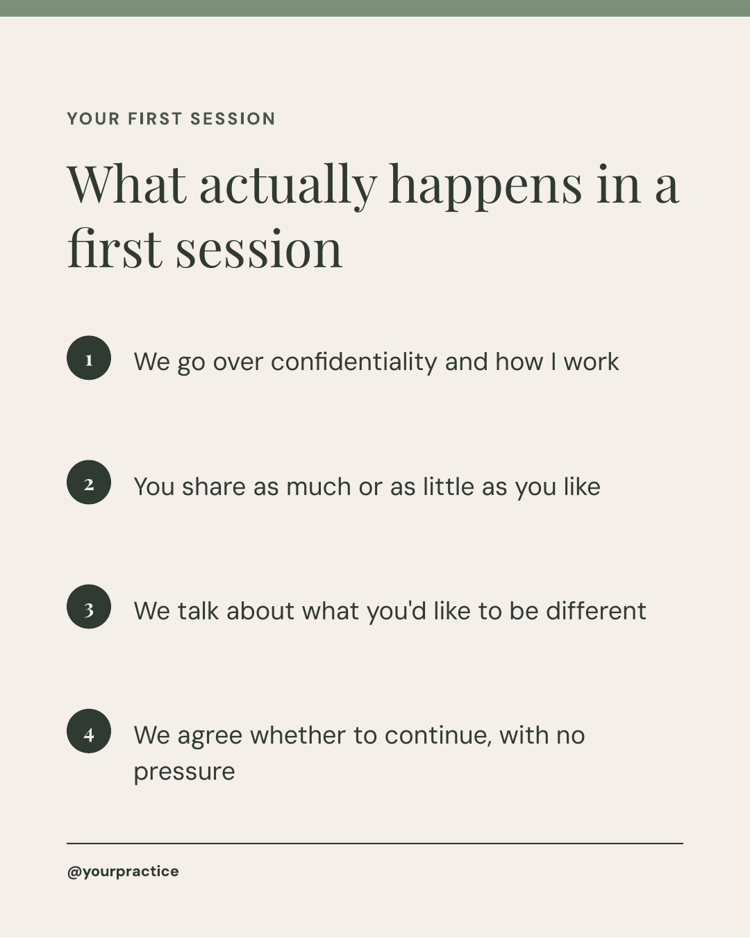 Calm Practice sample post: What actually happens in a first session: four numbered steps on a cream 4:5 Instagram template