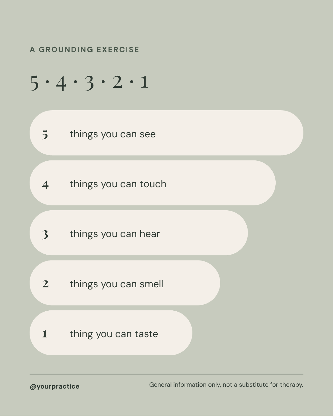 Calm Practice sample post: 5-4-3-2-1 grounding exercise on a sage green 4:5 Instagram template