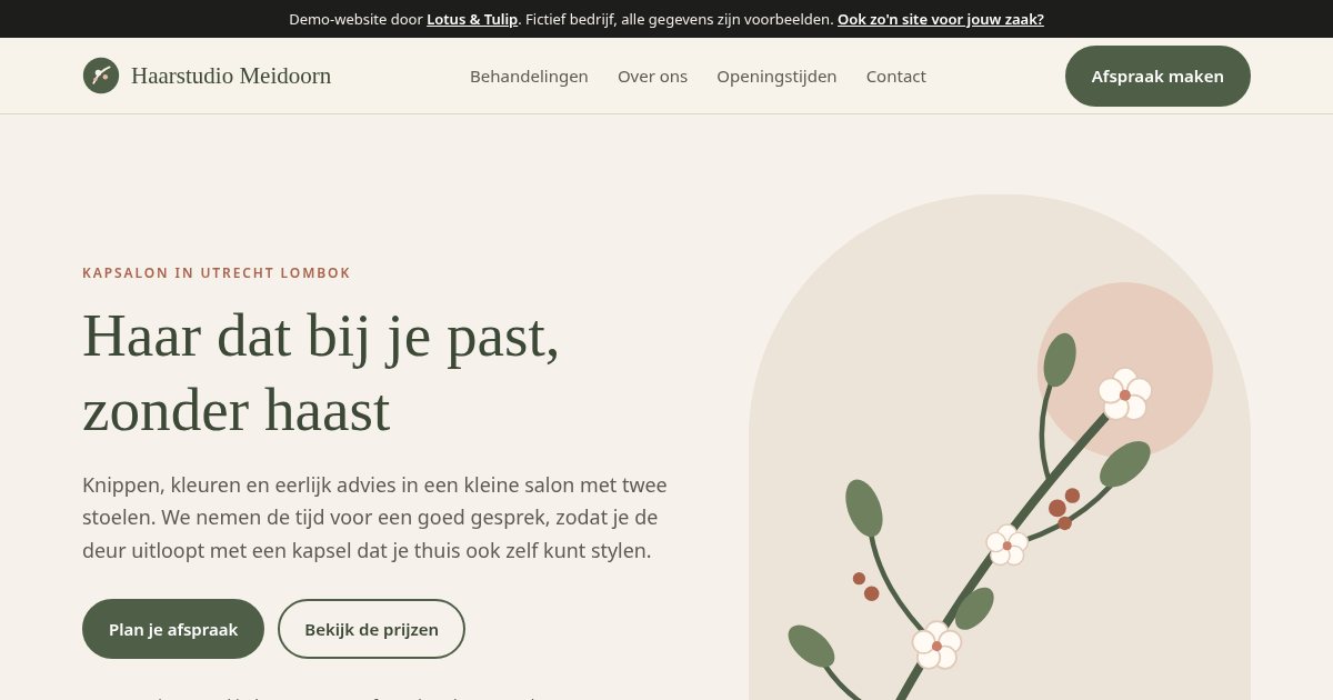 Homepage of the Haarstudio Meidoorn demo website by Lotus & Tulip