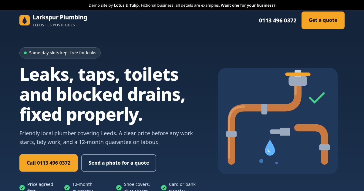 Homepage of the Larkspur Plumbing demo website by Lotus & Tulip