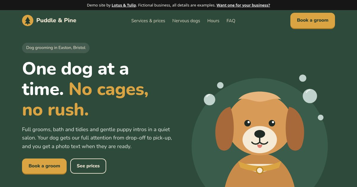 Homepage of the Puddle & Pine demo website by Lotus & Tulip