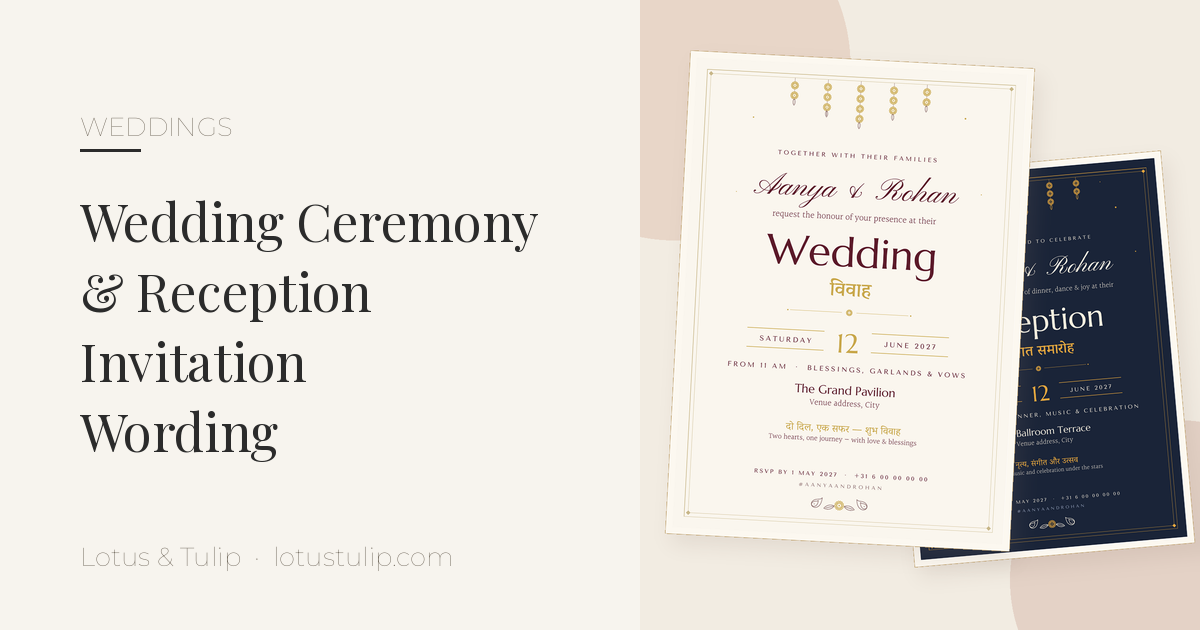 Wedding ceremony and reception invitation wording: an ivory, maroon and gold ceremony invitation with marigold garlands in front of a navy and gold evening reception card, bilingual English and Hindi, from the Lotus & Tulip Ceremony & Reception set
