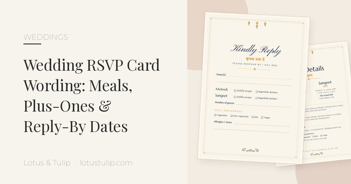Wedding RSVP card wording: ivory RSVP and details cards with marigold accents, meal preferences and accept/decline lines, from the Lotus & Tulip Mehndi & Sangeet Invitation Set