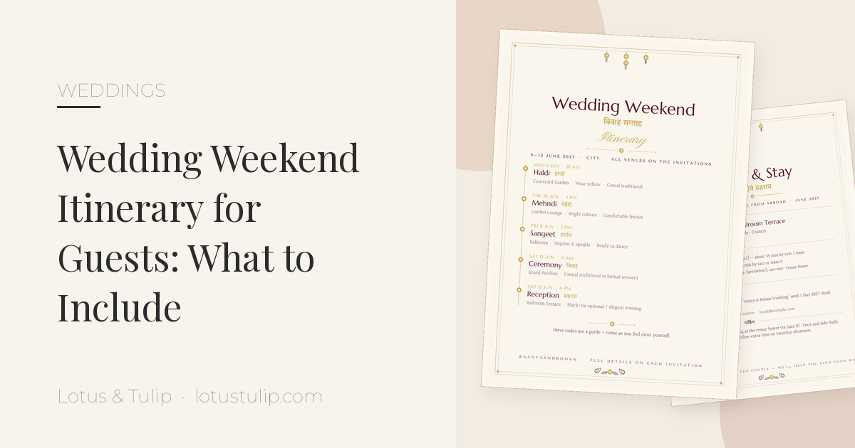 Wedding weekend itinerary for guests: ivory itinerary and travel-and-stay cards with marigold accents, bilingual English and Hindi, from the Lotus & Tulip Complete Wedding Invitation Suite