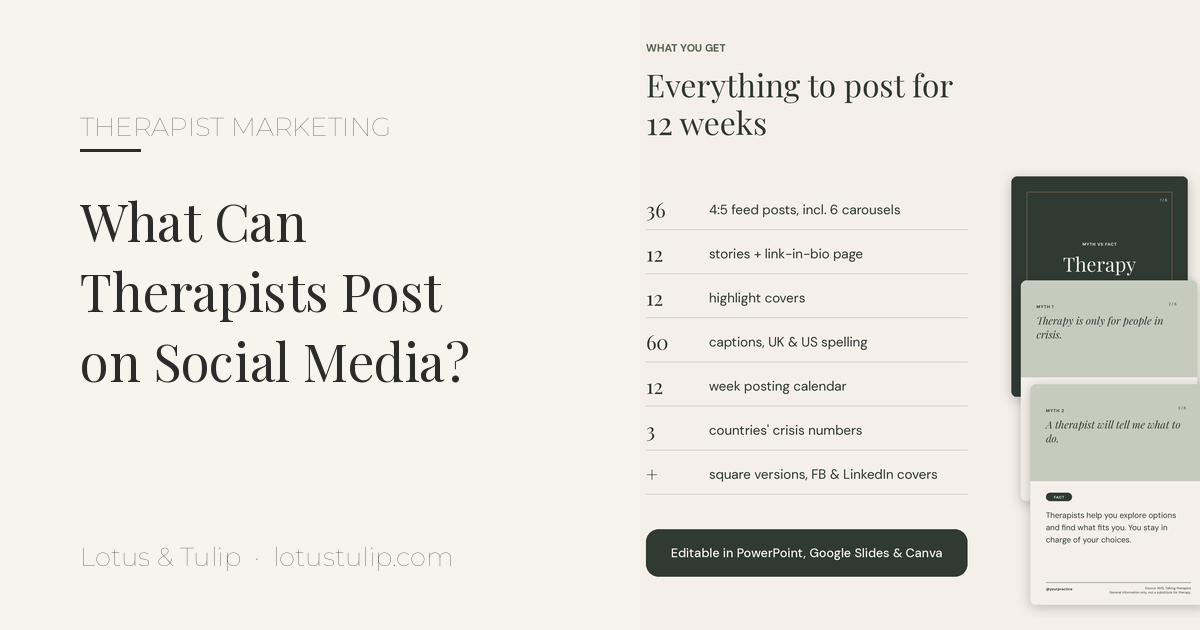 What therapists can post on social media: overview of a therapist Instagram template kit with posts, stories and captions