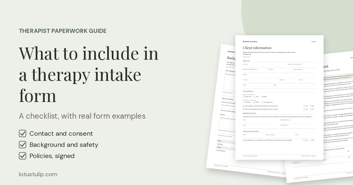 What to include in a therapy intake form: a checklist with client information, background questionnaire and practice policies pages from The Calm Practice Client Forms